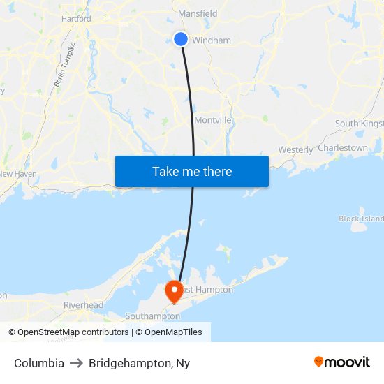 Columbia to Bridgehampton, Ny map