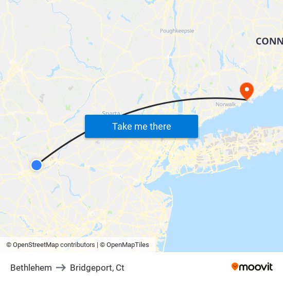 Bethlehem to Bridgeport, Ct map
