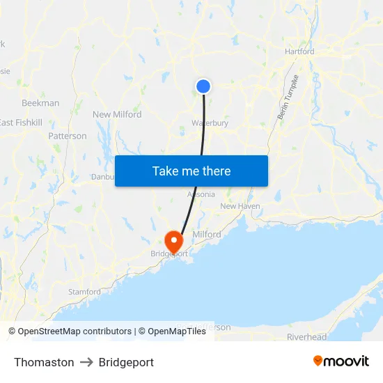 Thomaston to Bridgeport map