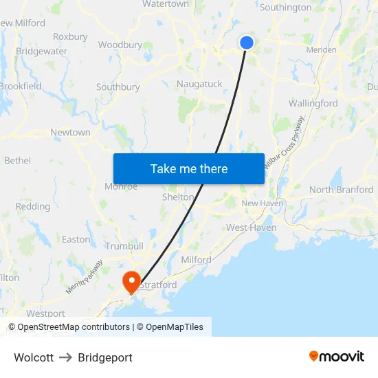 Wolcott to Bridgeport map