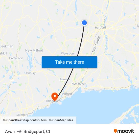 Avon to Bridgeport, Ct map