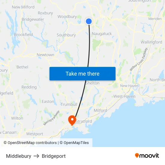 Middlebury to Bridgeport map