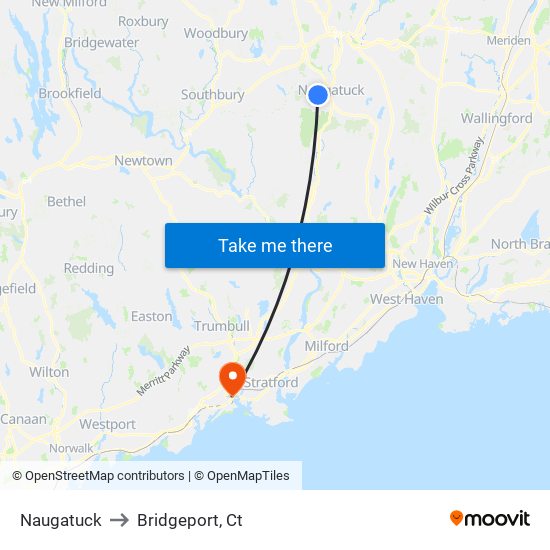 Naugatuck to Bridgeport, Ct map