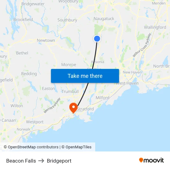 Beacon Falls to Bridgeport map