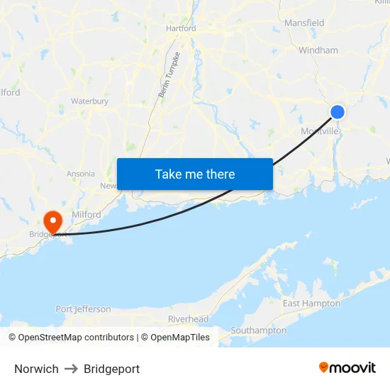 Norwich to Bridgeport map