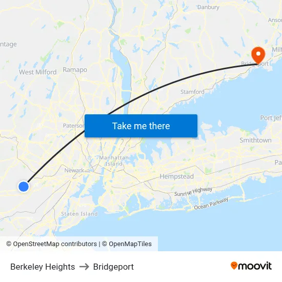 Berkeley Heights to Bridgeport map