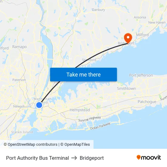 Port Authority Bus Terminal to Bridgeport map