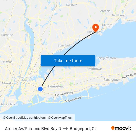 Archer Av/Parsons Blvd Bay D to Bridgeport, Ct map