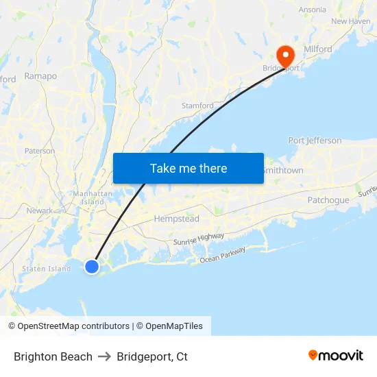 Brighton Beach to Bridgeport, Ct map