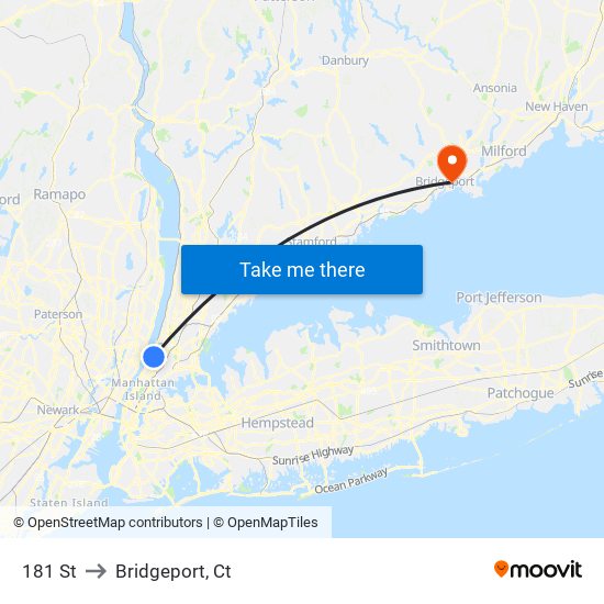 181 St to Bridgeport, Ct map