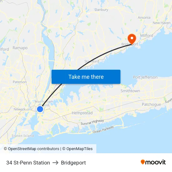 34 St-Penn Station to Bridgeport map