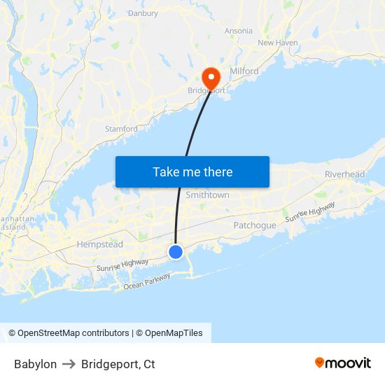 Babylon to Bridgeport, Ct map