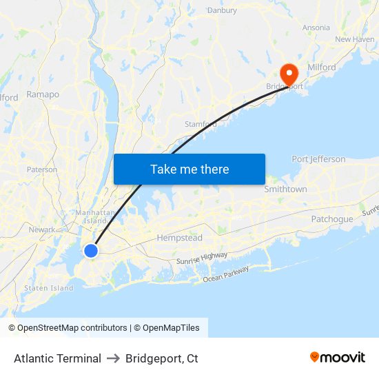 Atlantic Terminal to Bridgeport, Ct map