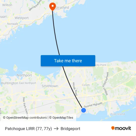 Patchogue LIRR (77, 77y) to Bridgeport map