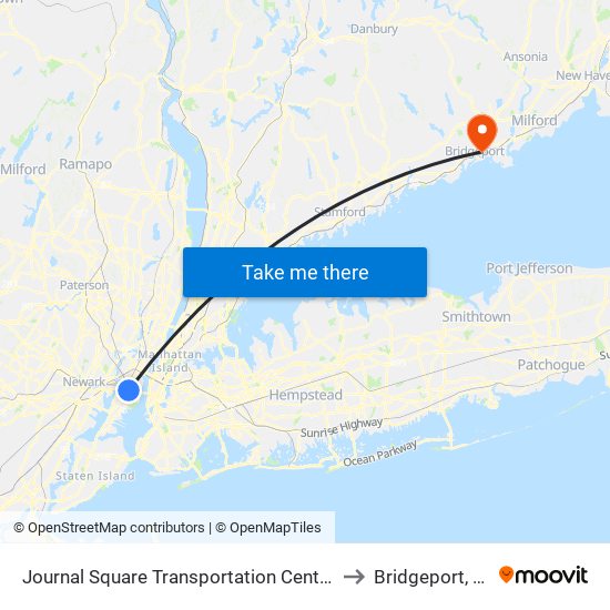 Journal Square Transportation Center to Bridgeport, Ct map