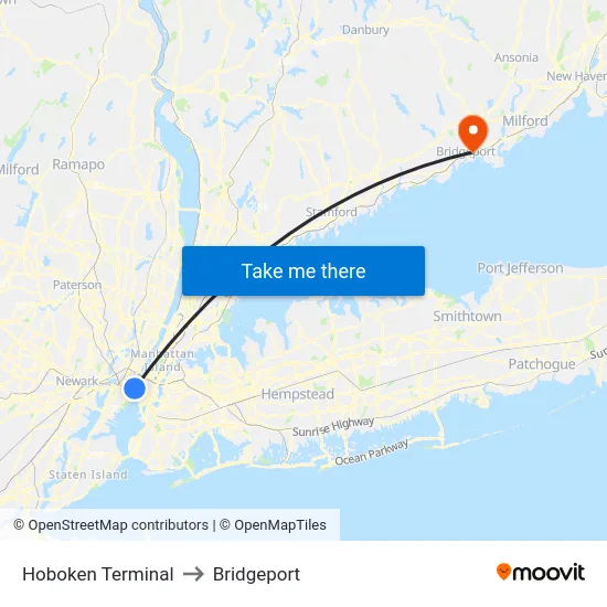 Hoboken Terminal to Bridgeport map