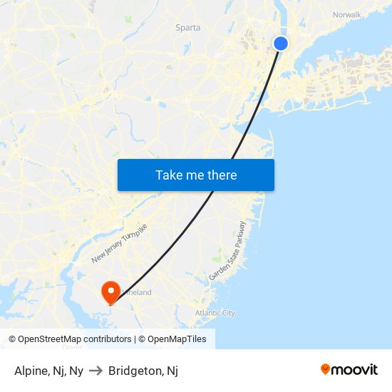 Alpine, Nj, Ny to Bridgeton, Nj map