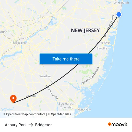 Asbury Park to Bridgeton map