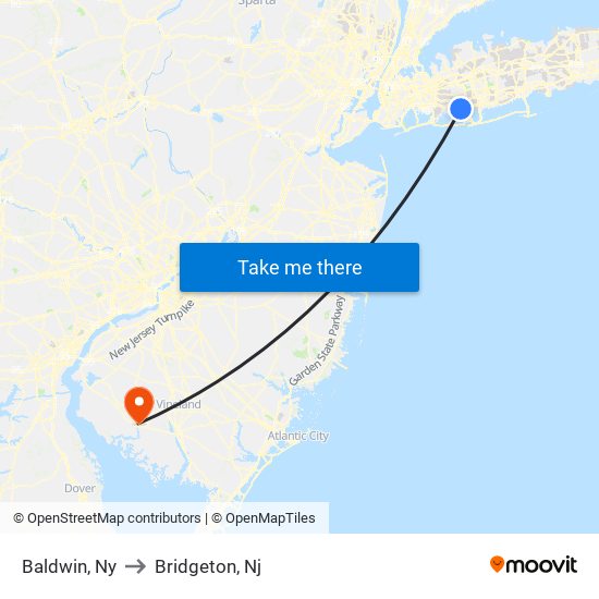 Baldwin, Ny to Bridgeton, Nj map