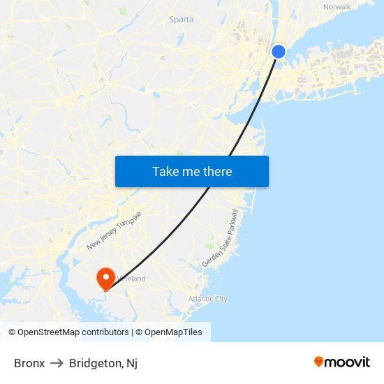 Bronx to Bridgeton, Nj map