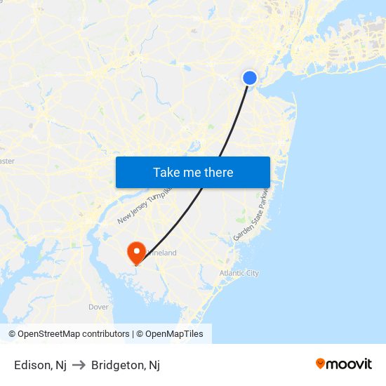 Edison, Nj to Bridgeton, Nj map