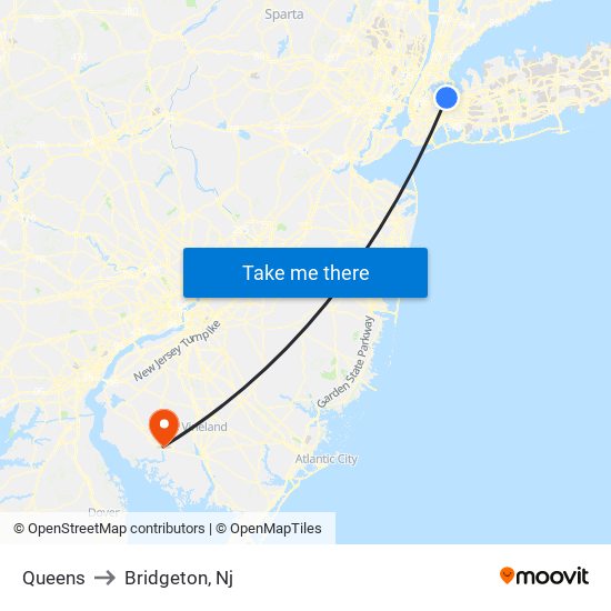 Queens to Bridgeton, Nj map