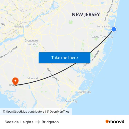 Seaside Heights to Bridgeton map