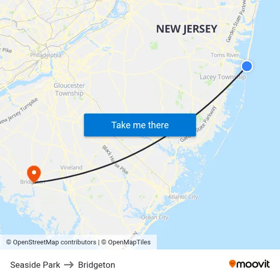 Seaside Park to Bridgeton map