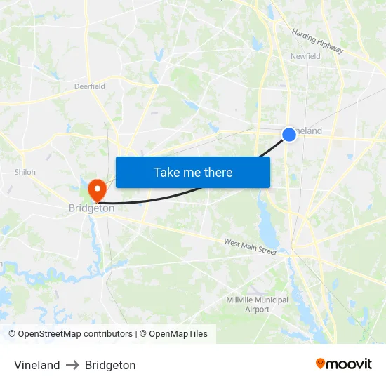 Vineland to Bridgeton map