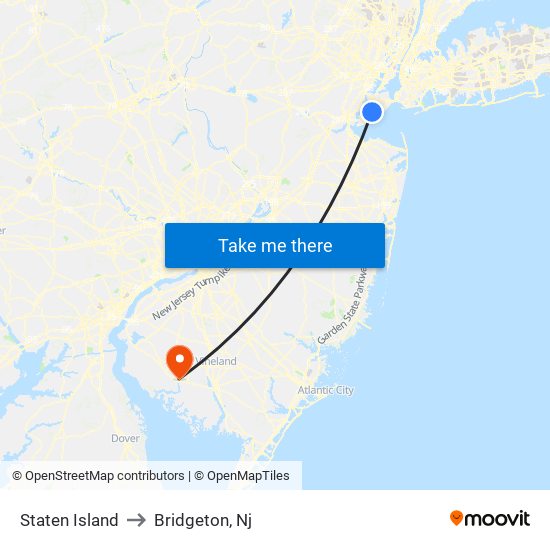 Staten Island to Bridgeton, Nj map