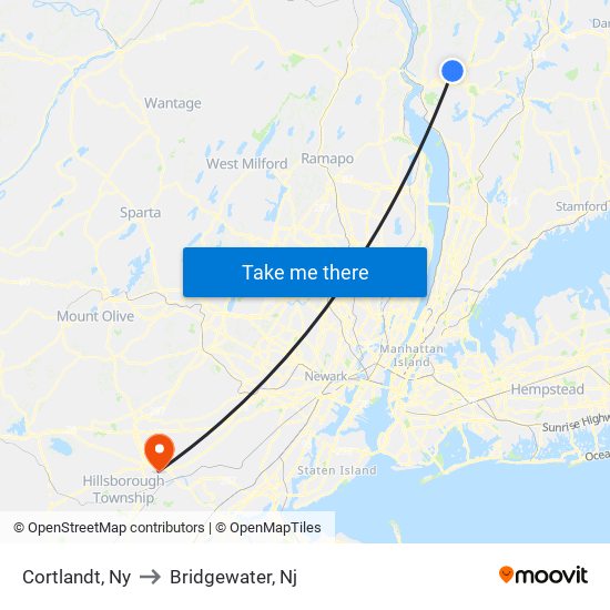 Cortlandt, Ny to Bridgewater, Nj map