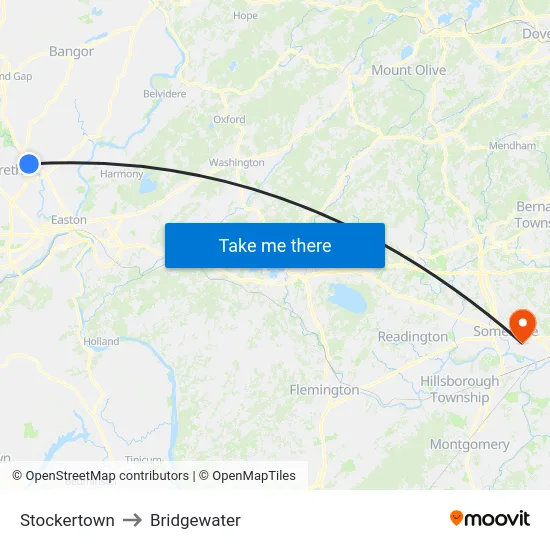 Stockertown to Bridgewater map