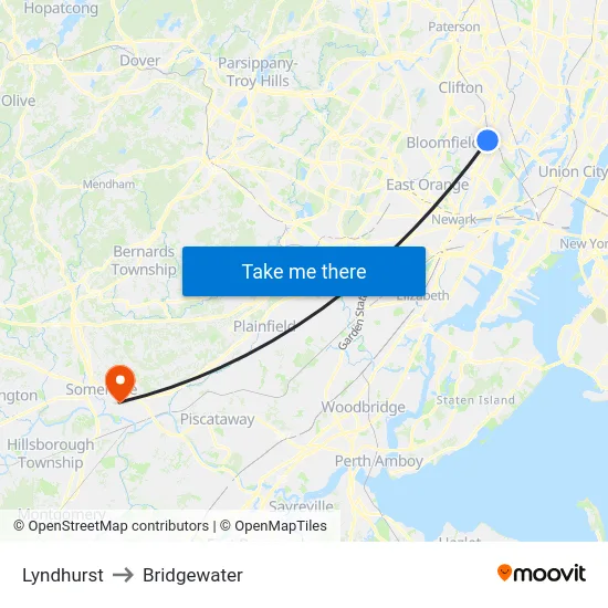Lyndhurst to Bridgewater map