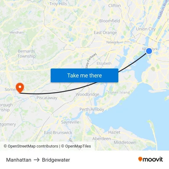 Manhattan to Bridgewater map