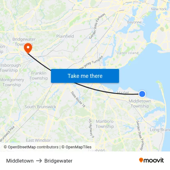 Middletown to Bridgewater map
