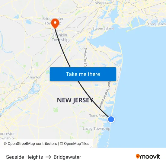 Seaside Heights to Bridgewater map