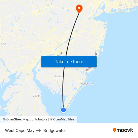 West Cape May to Bridgewater map