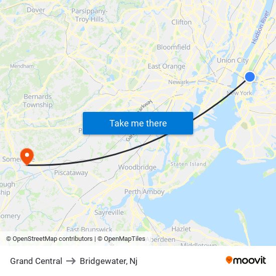 Grand Central to Bridgewater, Nj map