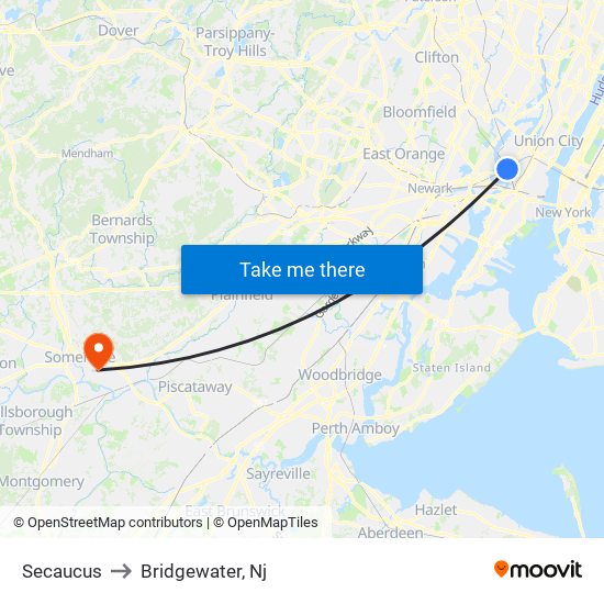 Secaucus to Bridgewater, Nj map