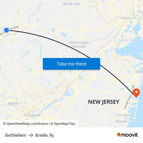 Bethlehem to Brielle, Nj map