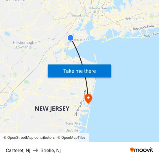 Carteret to Brielle, Nj map