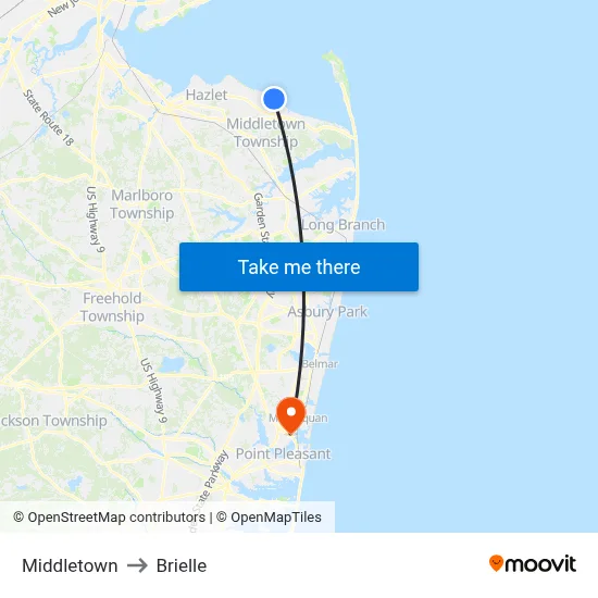 Middletown to Brielle map