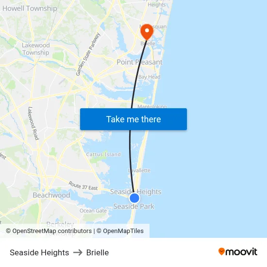Seaside Heights to Brielle map