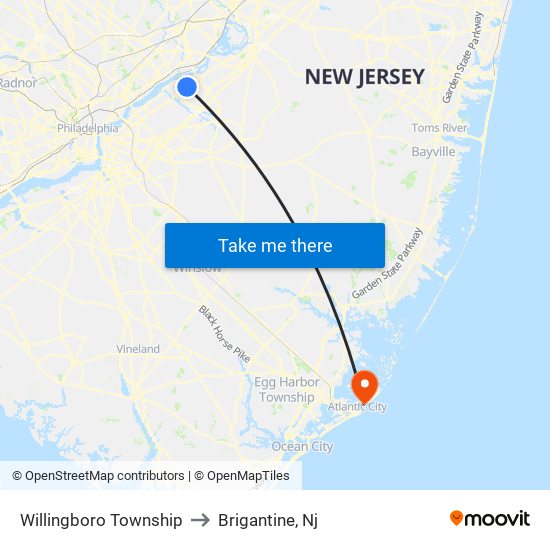 Willingboro Township to Brigantine, Nj map