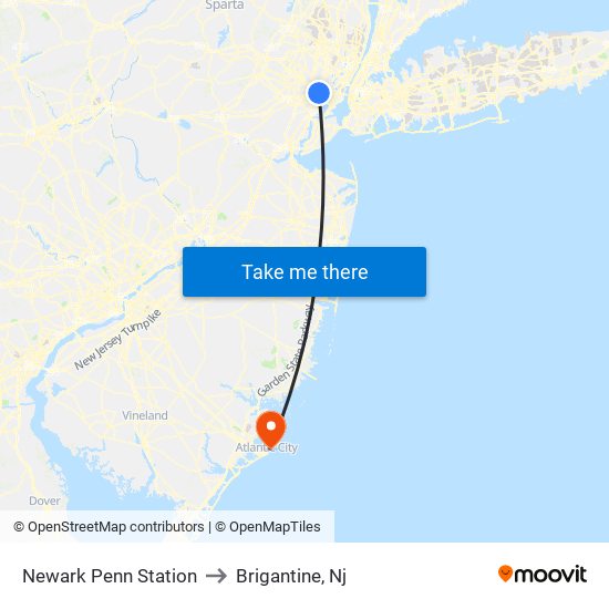 Newark Penn Station to Brigantine, Nj map