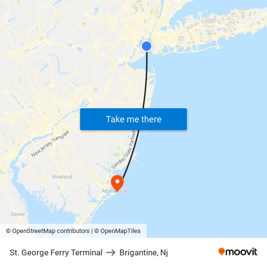 St. George Ferry Terminal to Brigantine, Nj map