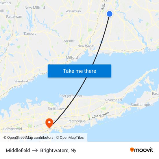 Middlefield to Brightwaters, Ny map