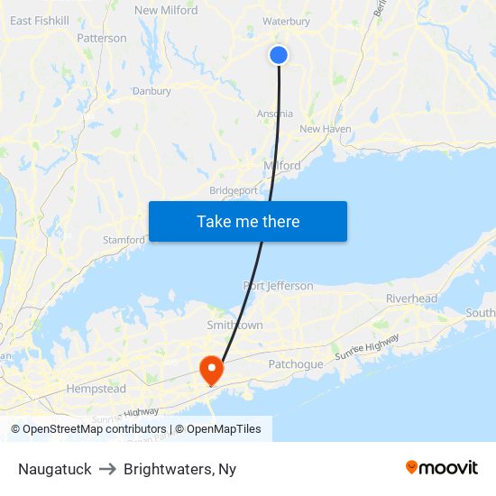 Naugatuck to Brightwaters, Ny map