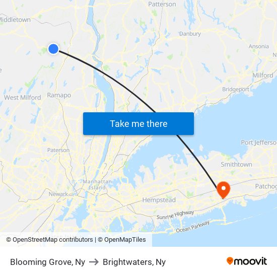 Blooming Grove, Ny to Brightwaters, Ny map