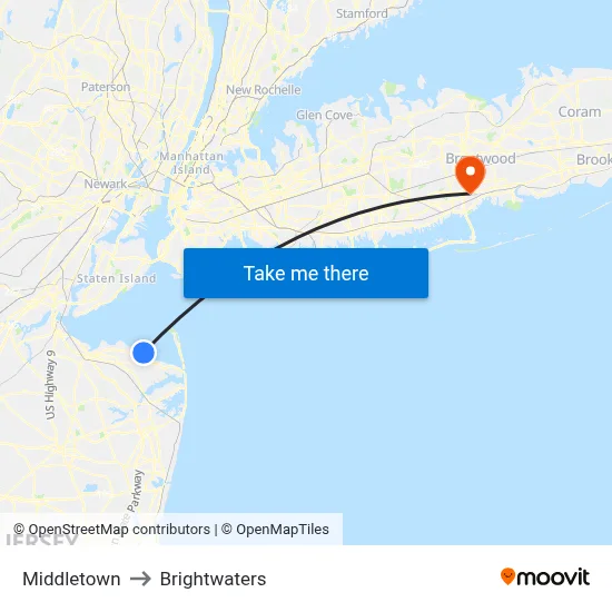 Middletown to Brightwaters map